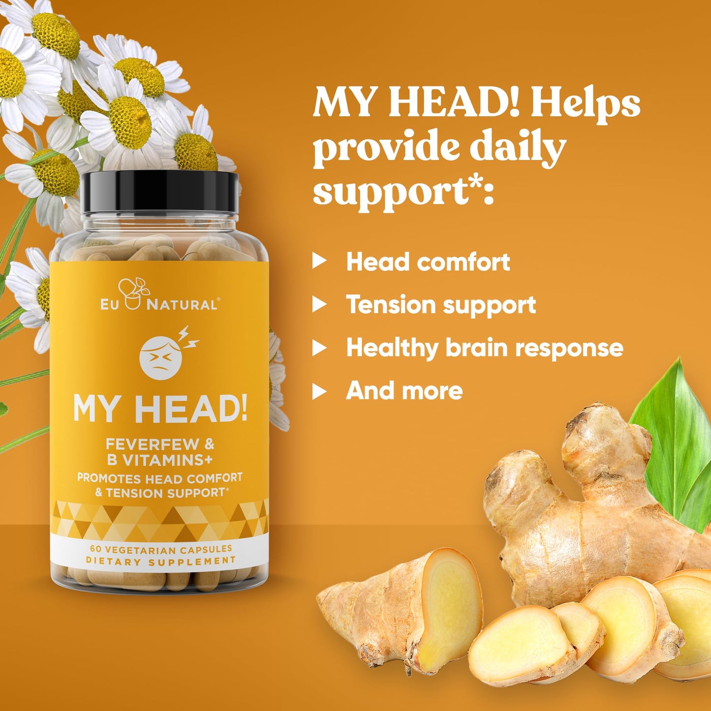 My Head! Headache Vitamins – Fast Acting Magnesium, Feverfew & More | 60 Soft Capsules