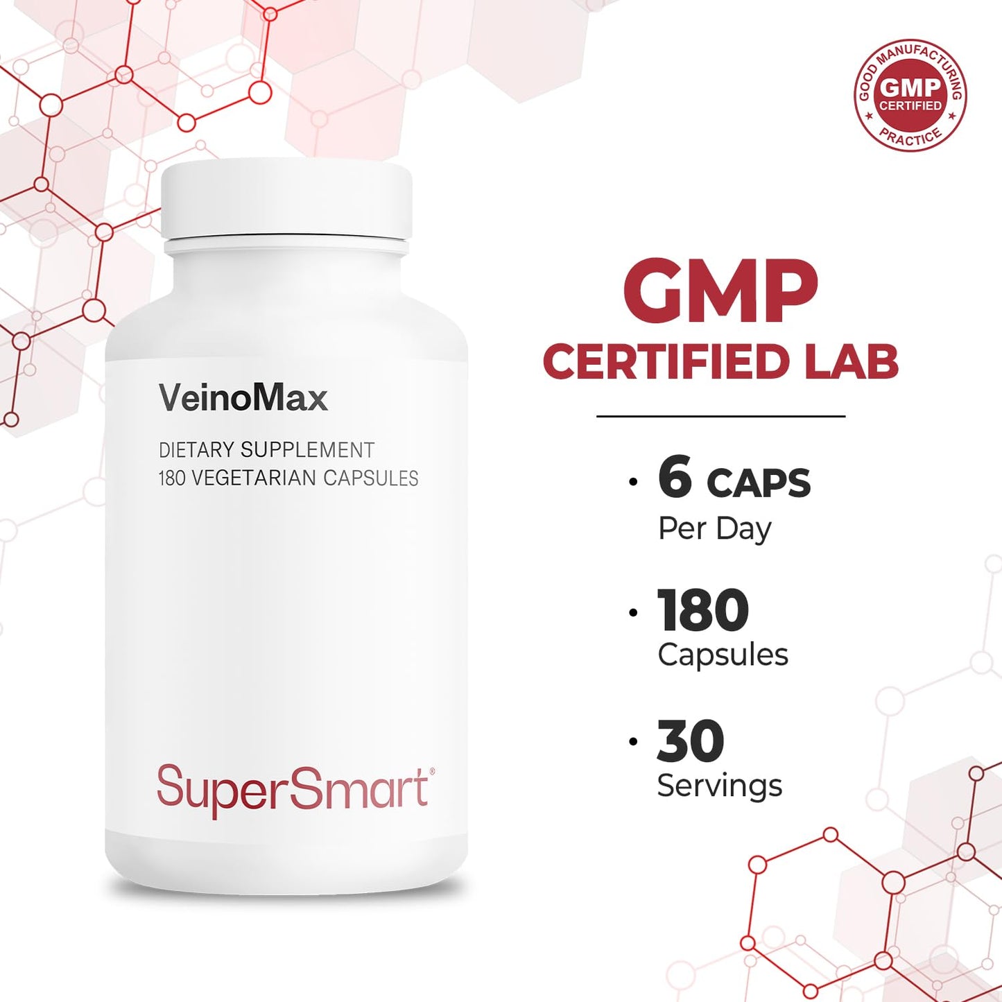 VeinoMax Advanced Complex - Veins Support Supplement with Diosmin, Hesperidin, Horse Chestnut, Troxerutin & Quercetin | Non-GMO, Gluten Free - 180 Vegetarian Capsules | Supersmart