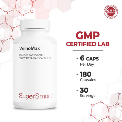 VeinoMax Advanced Complex - Veins Support Supplement with Diosmin, Hesperidin, Horse Chestnut, Troxerutin & Quercetin | Non-GMO, Gluten Free - 180 Vegetarian Capsules | Supersmart
