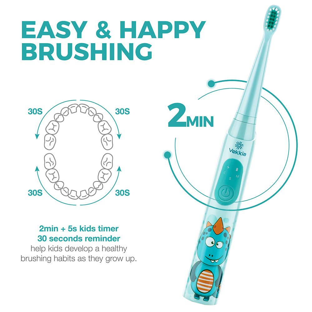 Vekkia Sonic Kids Electric Toothbrush – 3 Modes with Memory, IPX7, 2-Min Timer