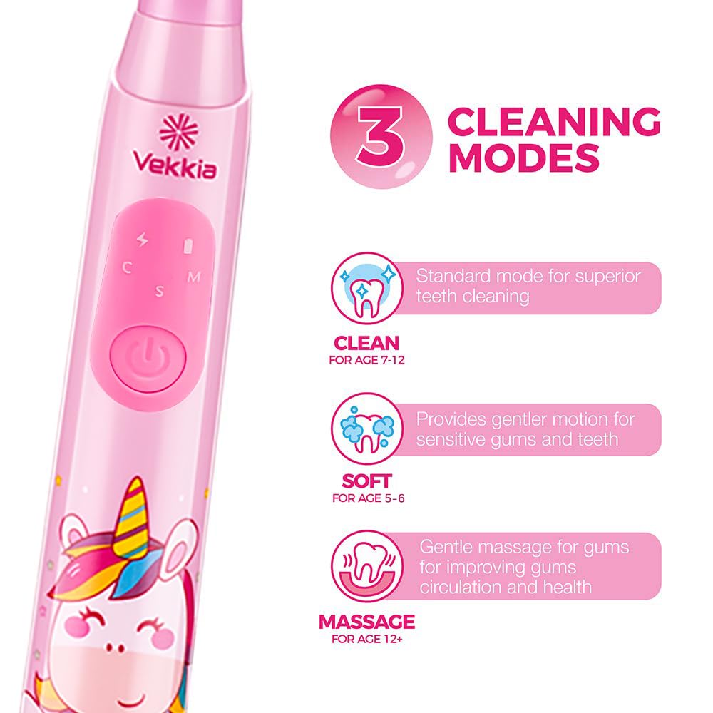 Vekkia Kids Sonic Toothbrush – 3 Modes, Memory, 2-Min Timer, Pink