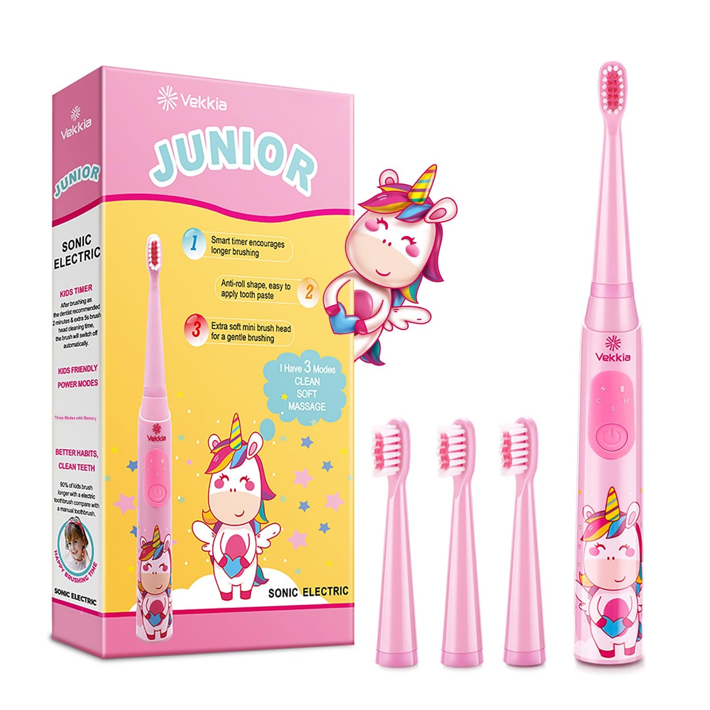 Vekkia Kids Sonic Toothbrush – 3 Modes, Memory, 2-Min Timer, Pink