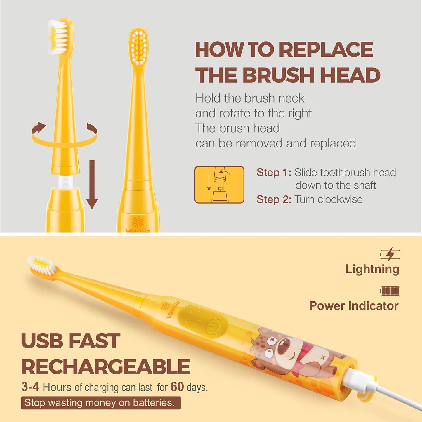 Vekkia Sonic Rechargeable Kids Electric Toothbrush – 3 Modes, IPX7 Waterproof, 24000 Strokes, 2-Min Timer