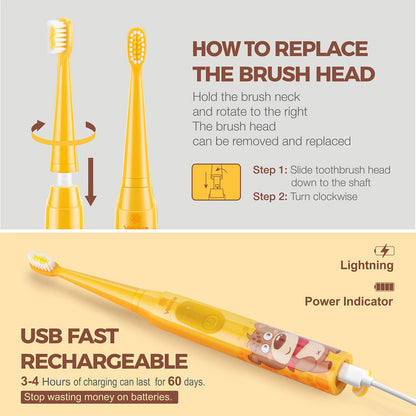 Vekkia Sonic Rechargeable Kids Electric Toothbrush – 3 Modes, IPX7 Waterproof, 24000 Strokes, 2-Min Timer