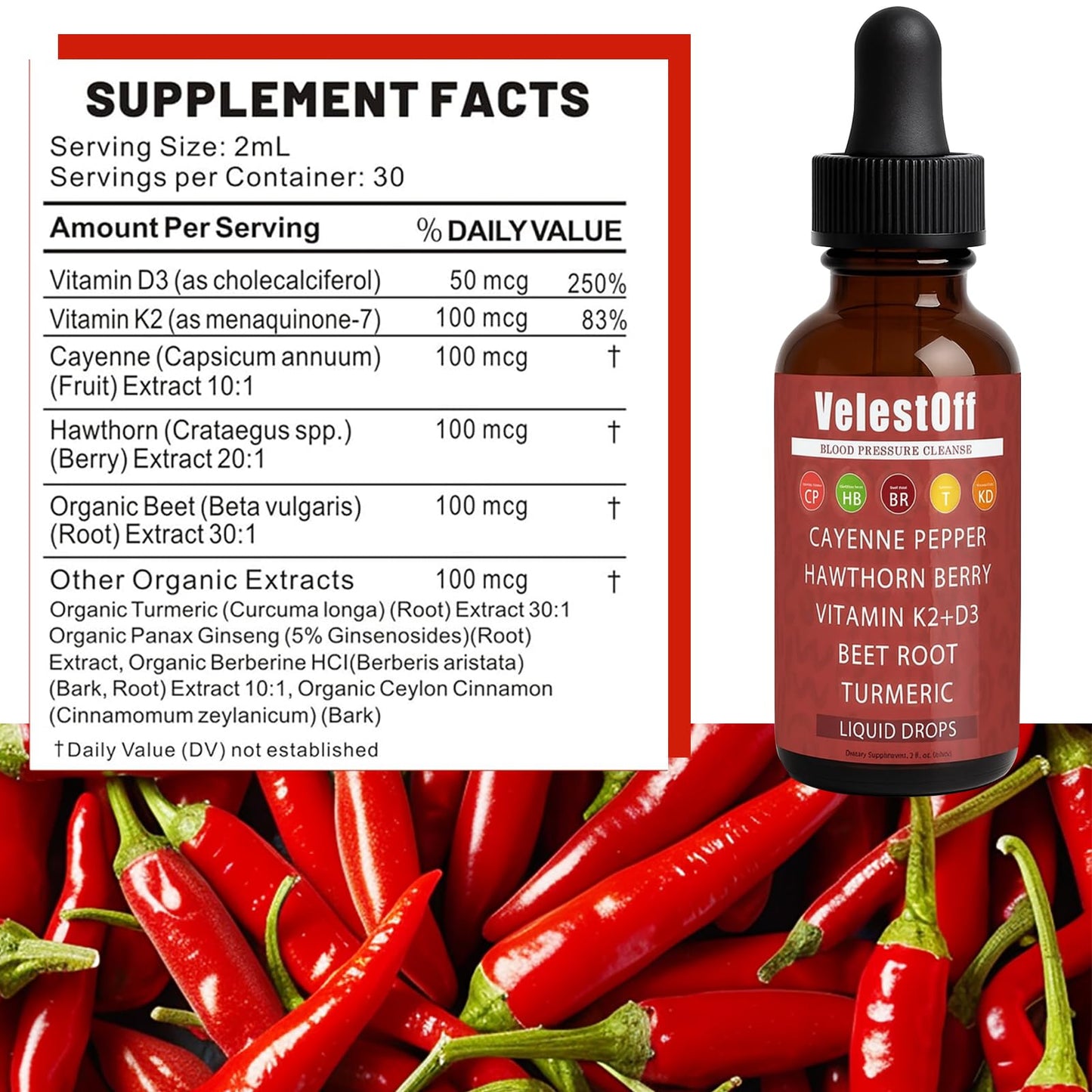Velestoff Cayenne Pepper Drops – Organic Cayenne Pepper Liquid Supplement with Hawthorn, Beet Root, Turmeric, Vitamin K2+D3 & Berberine Extract | Improves Stamina & Boosts Energy
