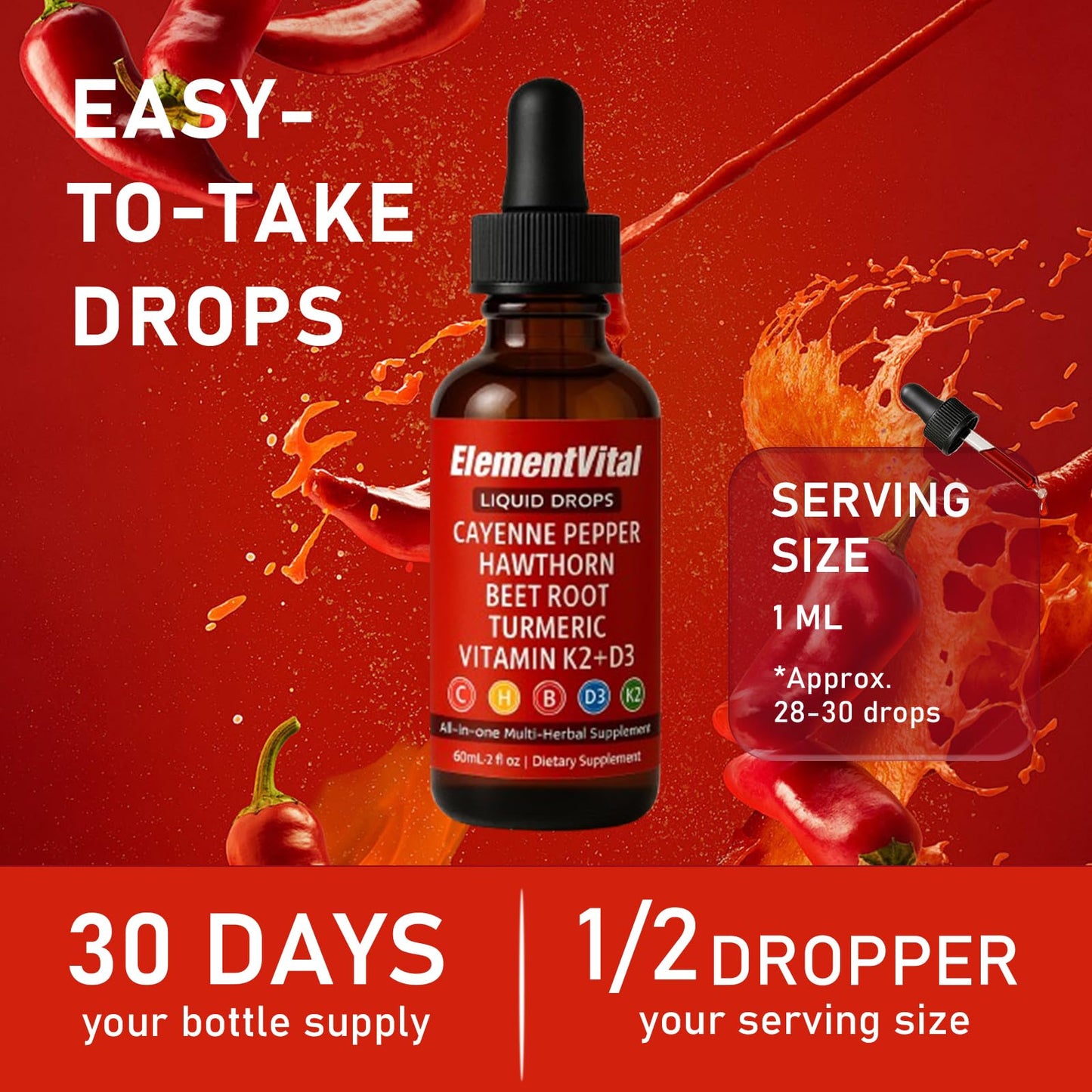 Velestoff Cayenne Pepper Drops – Organic Cayenne Pepper Liquid Supplement with Hawthorn, Beet Root, Turmeric, Vitamin K2+D3 & Berberine Extract | Improves Stamina & Boosts Energy