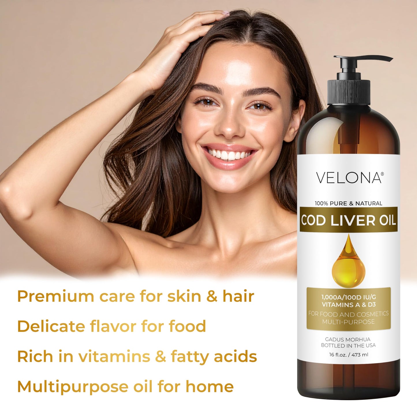 Velona Cod Liver Oil 16 oz | Omega-3 & Vitamins A & D3 | Arctic Norwegian
