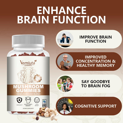 Vemluta 2 Packs 5000MG Mushroom Gummies – 10-Mushroom Blend with Lion's Mane & Reishi for Brain & Immune Support, Blueberry Flavor, Non-GMO, 120 Counts