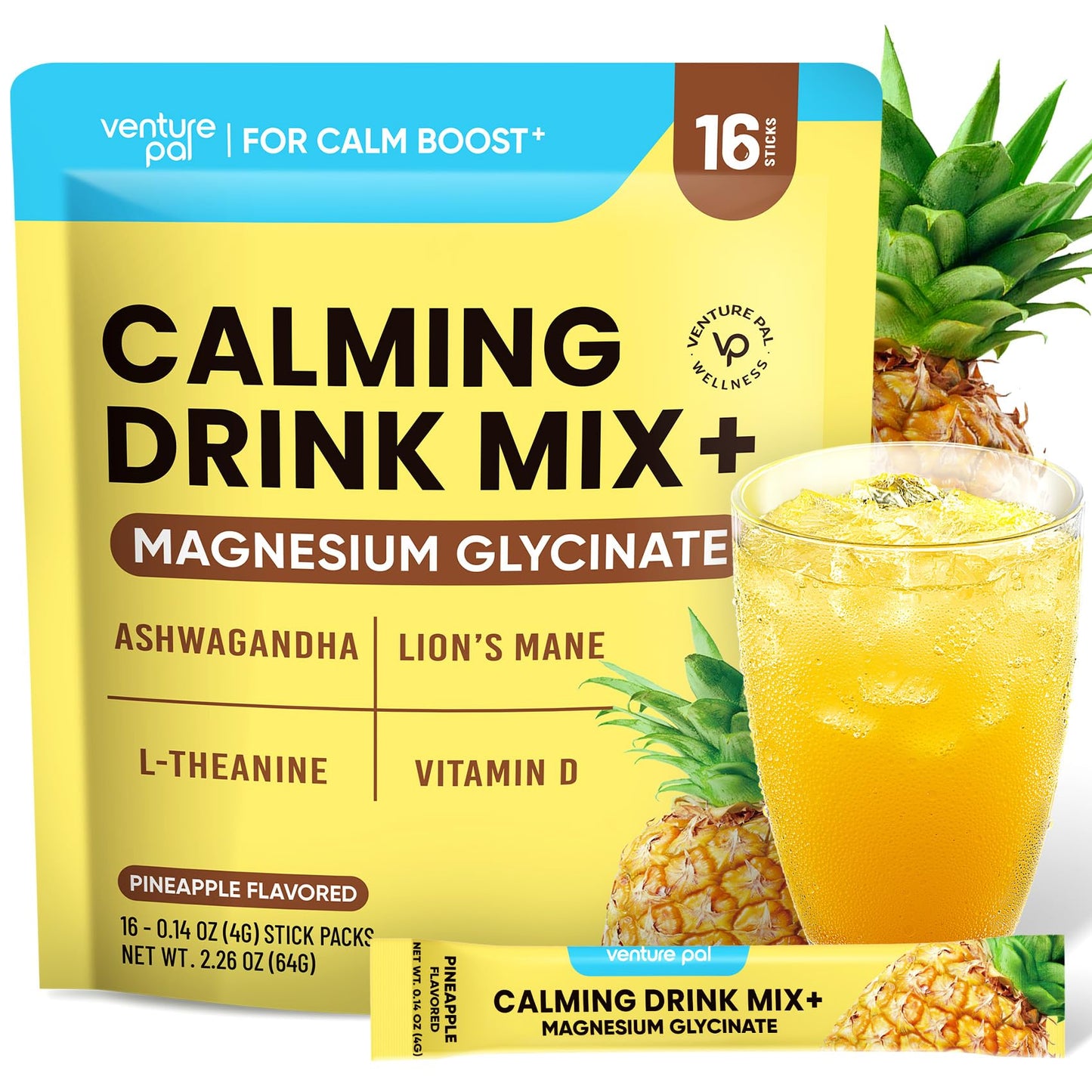Venture Pal Calming Magnesium Glycinate Drink Mix with L-Theanine, Ashwagandha, Lion's Mane – Sugar Free & Vegan