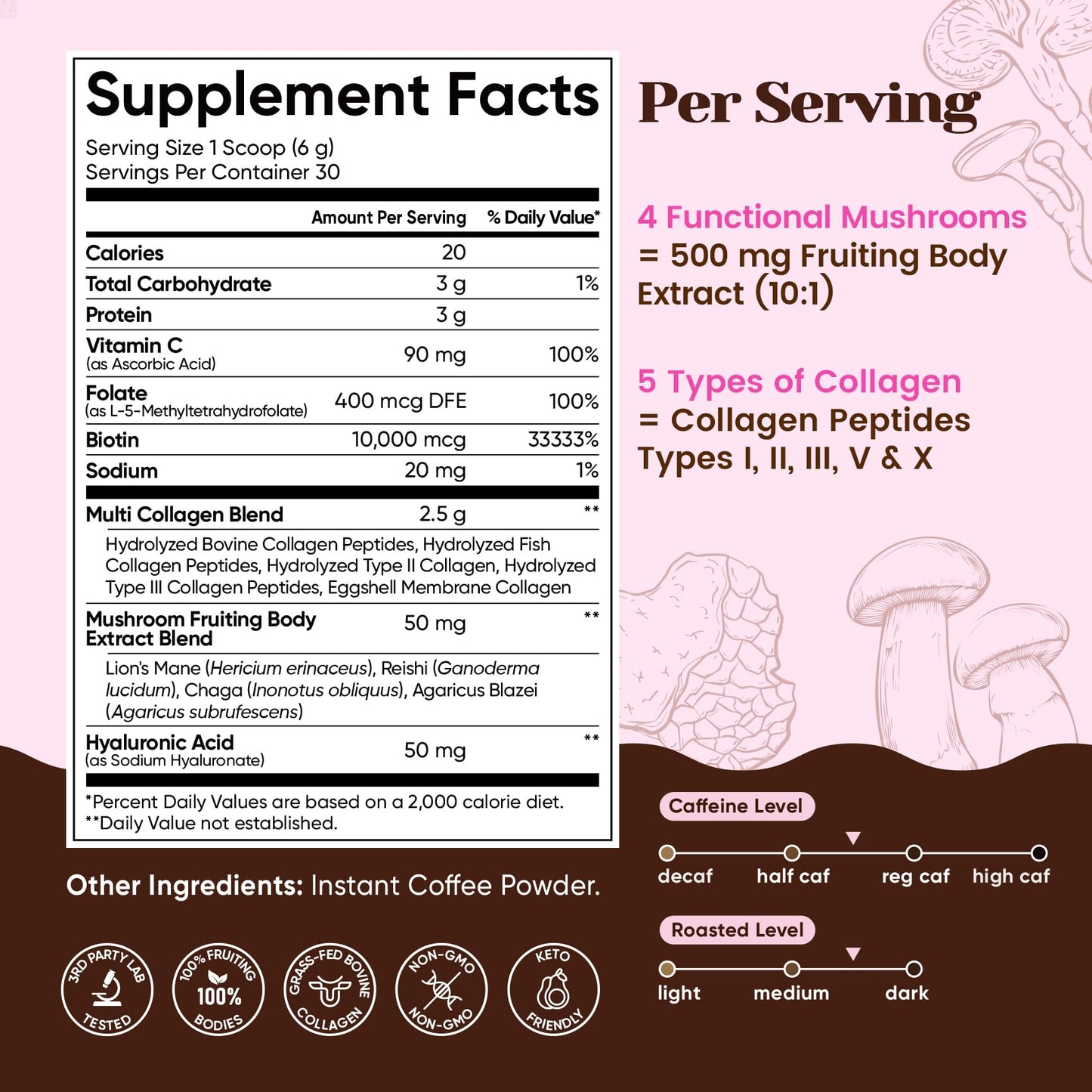 Venture Pal Premium Adaptogenic Mushroom Coffee with Multi Collagen – Lions Mane, Reishi, Chaga | 30 Servings
