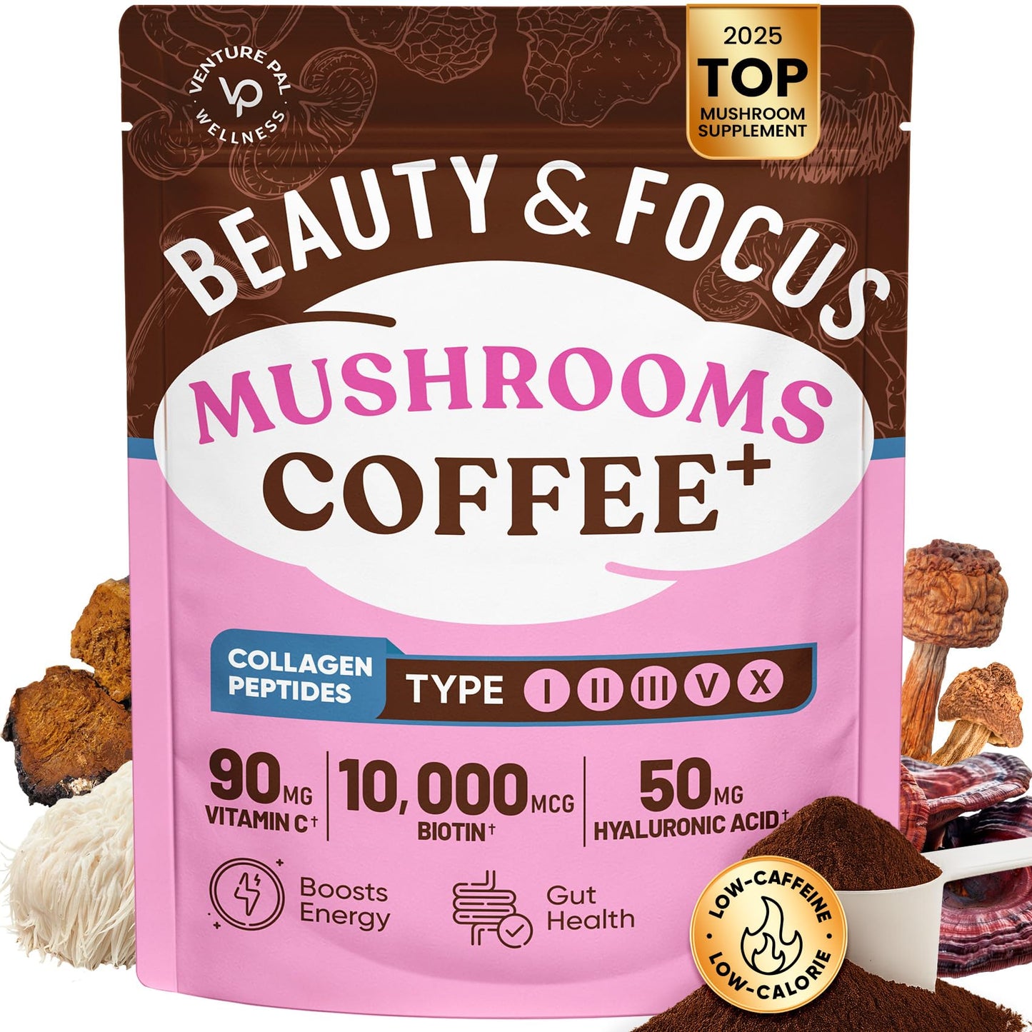 Venture Pal Premium Adaptogenic Mushroom Coffee with Multi Collagen – Lions Mane, Reishi, Chaga | 30 Servings