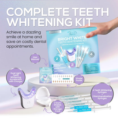 Venus Visage LED Teeth Whitening Kit – 4x 35% Carbamide Peroxide, Remineralization Gel, LED Light, Trays & Shade Guide