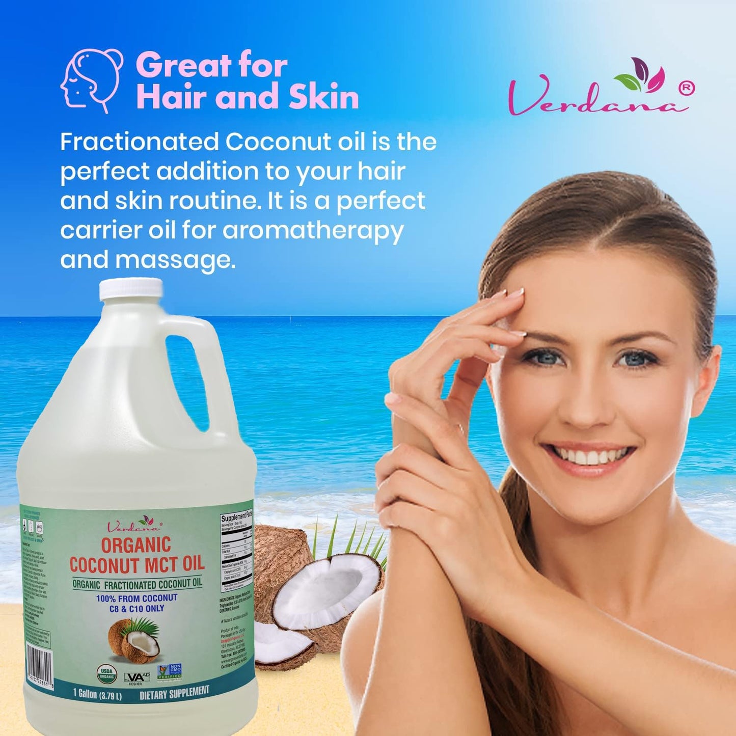 Verdana USDA Certified Organic Coconut MCT Oil – Fractionated Coconut Oil, No Palm Kernel Used, Kosher, Non-GMO, Food Grade – 1 Gallon