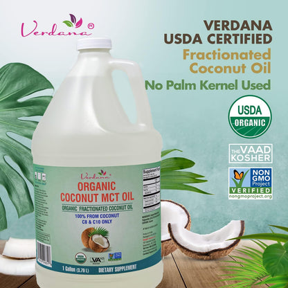 Verdana USDA Certified Organic Coconut MCT Oil – Fractionated Coconut Oil, No Palm Kernel Used, Kosher, Non-GMO, Food Grade – 1 Gallon