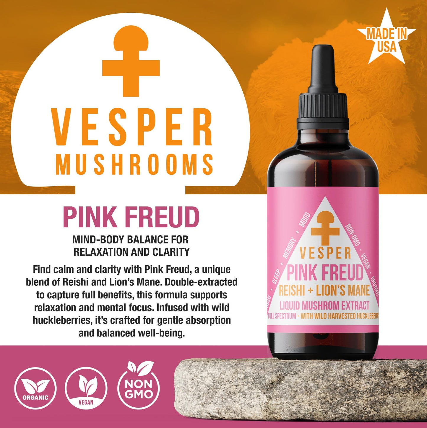 Vesper Pink Freud Mushroom Liquid Extract – Reishi & Lion’s Mane with Wild Huckleberries (4oz) – USA-Grown
