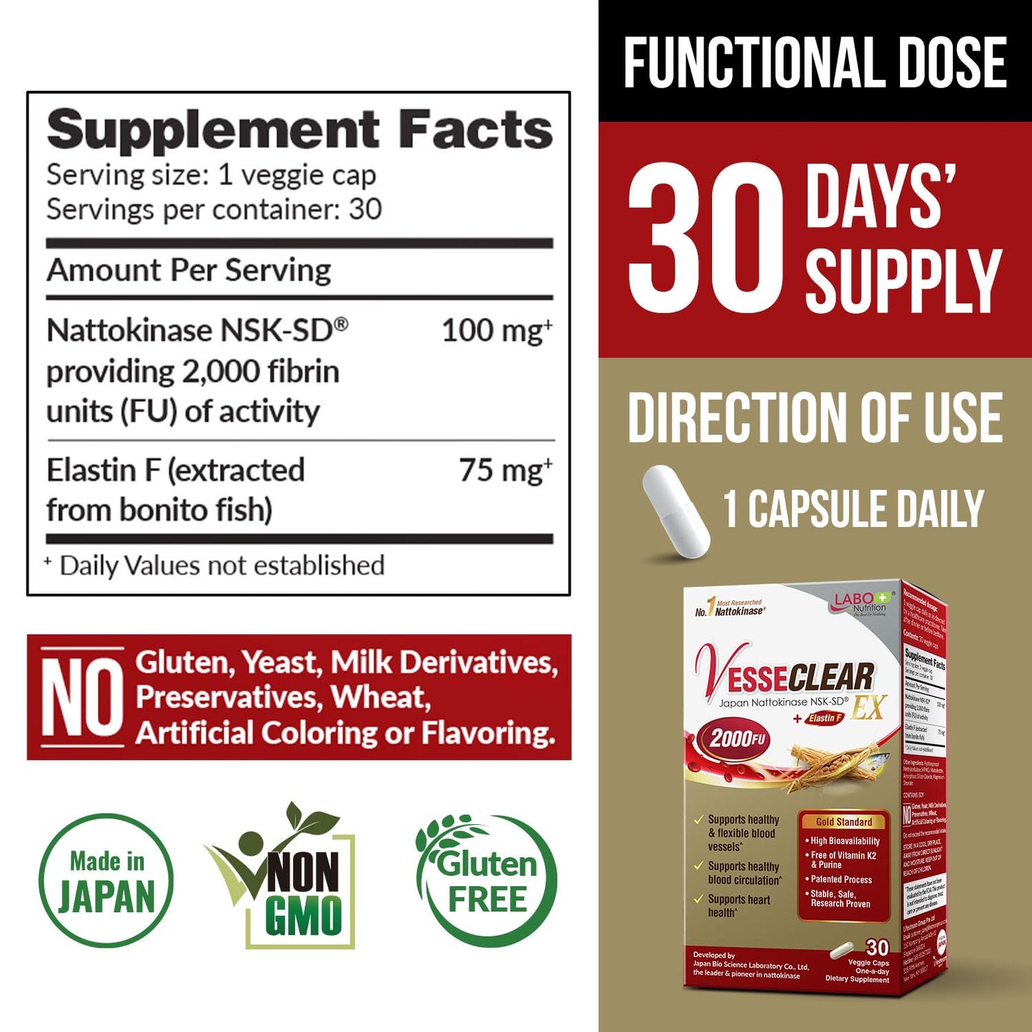 LABO Nutrition VesseCLEAR EX: Nattokinase NSK-SD + Elastin F | Acid-Resistant Capsule