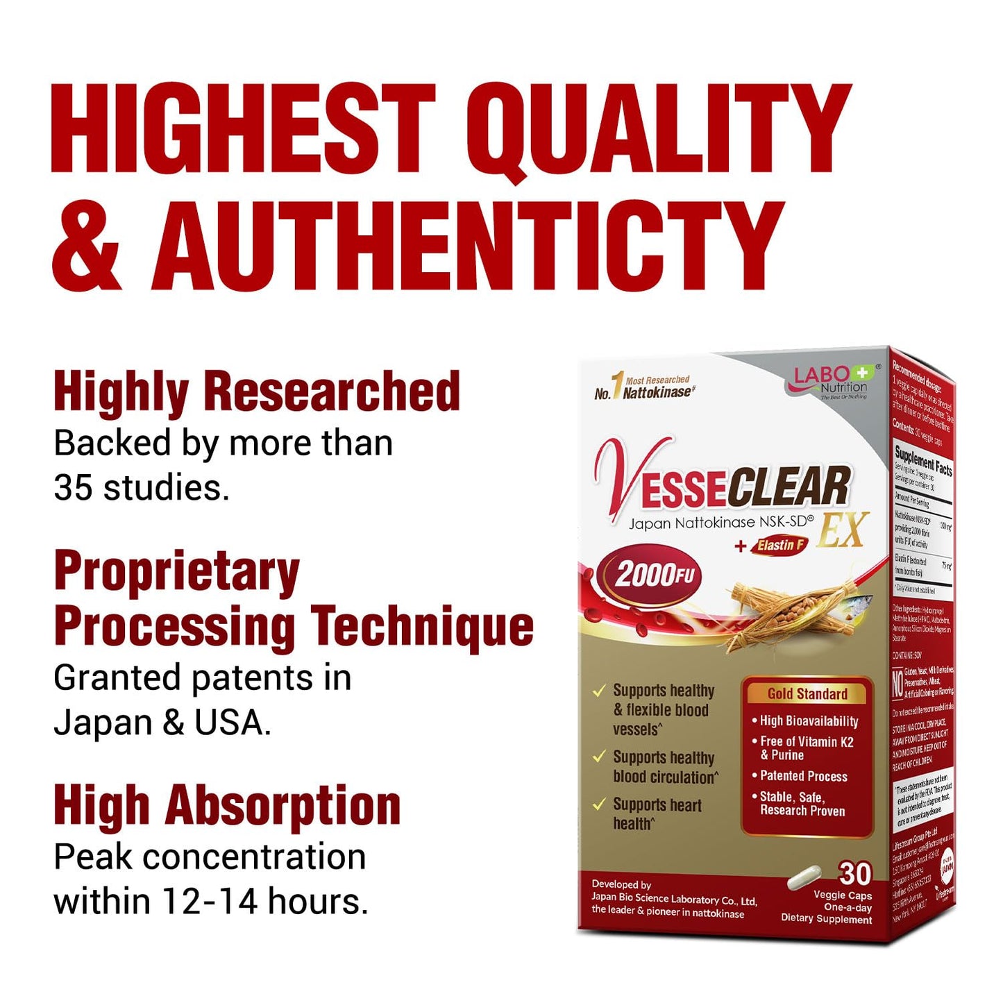 LABO Nutrition VesseCLEAR EX: Nattokinase NSK-SD + Elastin F | Acid-Resistant Capsule