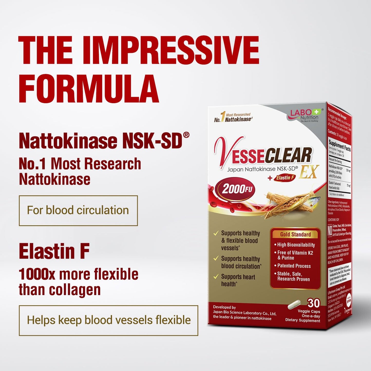 LABO Nutrition VesseCLEAR EX: Nattokinase NSK-SD + Elastin F | Acid-Resistant Capsule