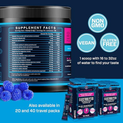 KEY NUTRIENTS Multivitamin Electrolytes Powder No Sugar – Blue Raspberry Hydration | Made in USA