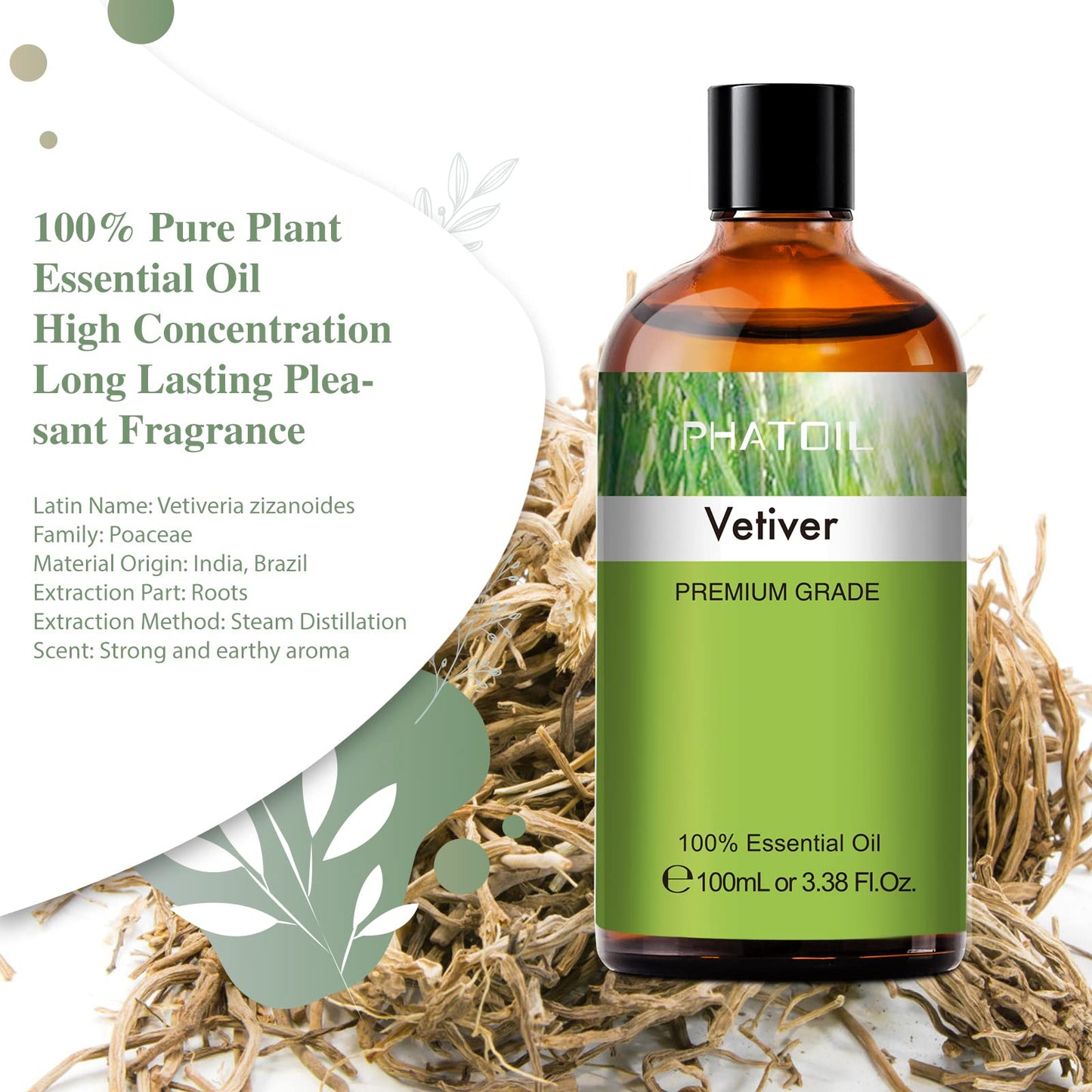 Vetiver Essential Oil 100ml | PHATOIL Pure Aromatherapy for Diffusers, Candles & DIY Projects