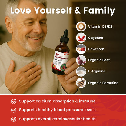 VEV 15-in-1 Cayenne Pepper Drops Supplement Liquid, with Vitamin D3 K2, L-Arginine, Resveratrol, Oregano, Moringa, Berberine, Hawthorn, Beet, Turmeric - Vegan, Non-GMO 2 fl oz
