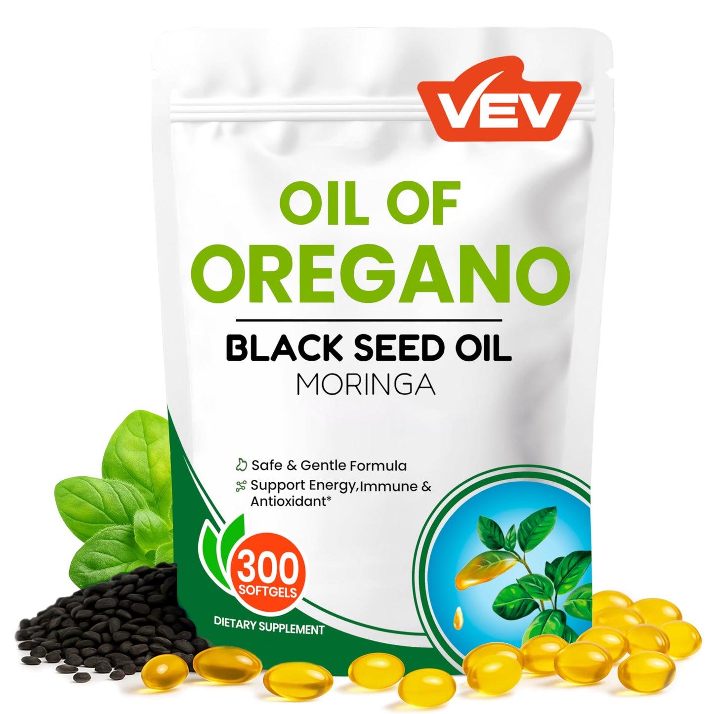 VEV 300mg Oil of Oregano with Black Seed Oil & Moringa – Organic Carvacrol-Rich Softgels