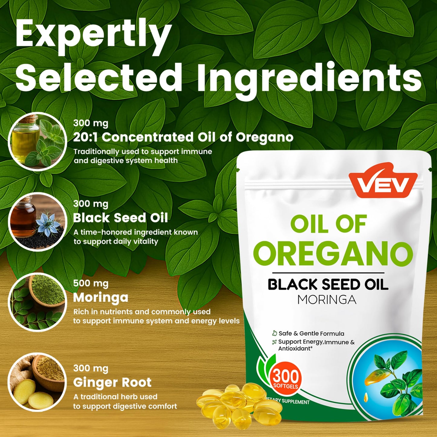 VEV 300mg Oil of Oregano with Black Seed Oil & Moringa – Organic Carvacrol-Rich Softgels