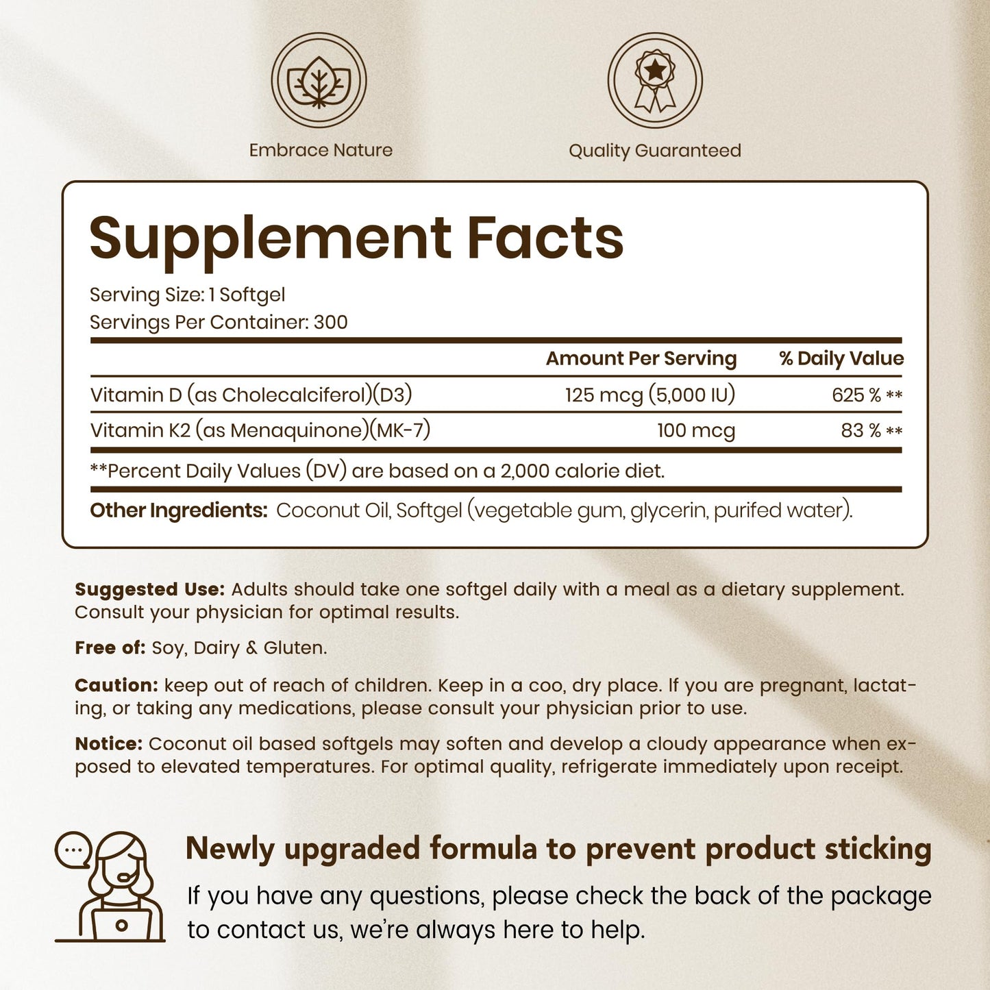 VEV Corefeel Vitamin D3 K2 (5000 IU / 100 mcg) – 300 Softgels | Coconut Oil