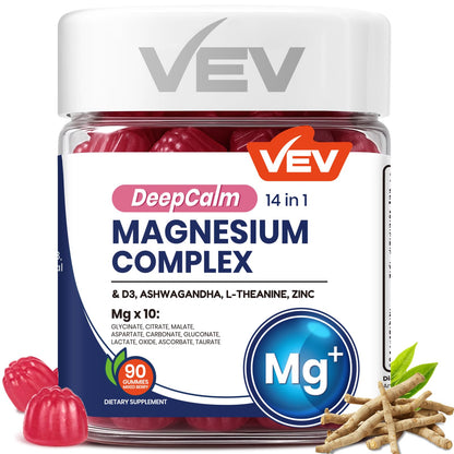 VEV Magnesium Complex DeepCalm 14-in-1 Gummies – Vegan Glycinate with Ashwagandha, L-Theanine, Vitamin D3 & Zinc | 90 Gummies