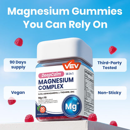 VEV Magnesium Complex DeepCalm 14-in-1 Gummies – Vegan Glycinate with Ashwagandha, L-Theanine, Vitamin D3 & Zinc | 90 Gummies