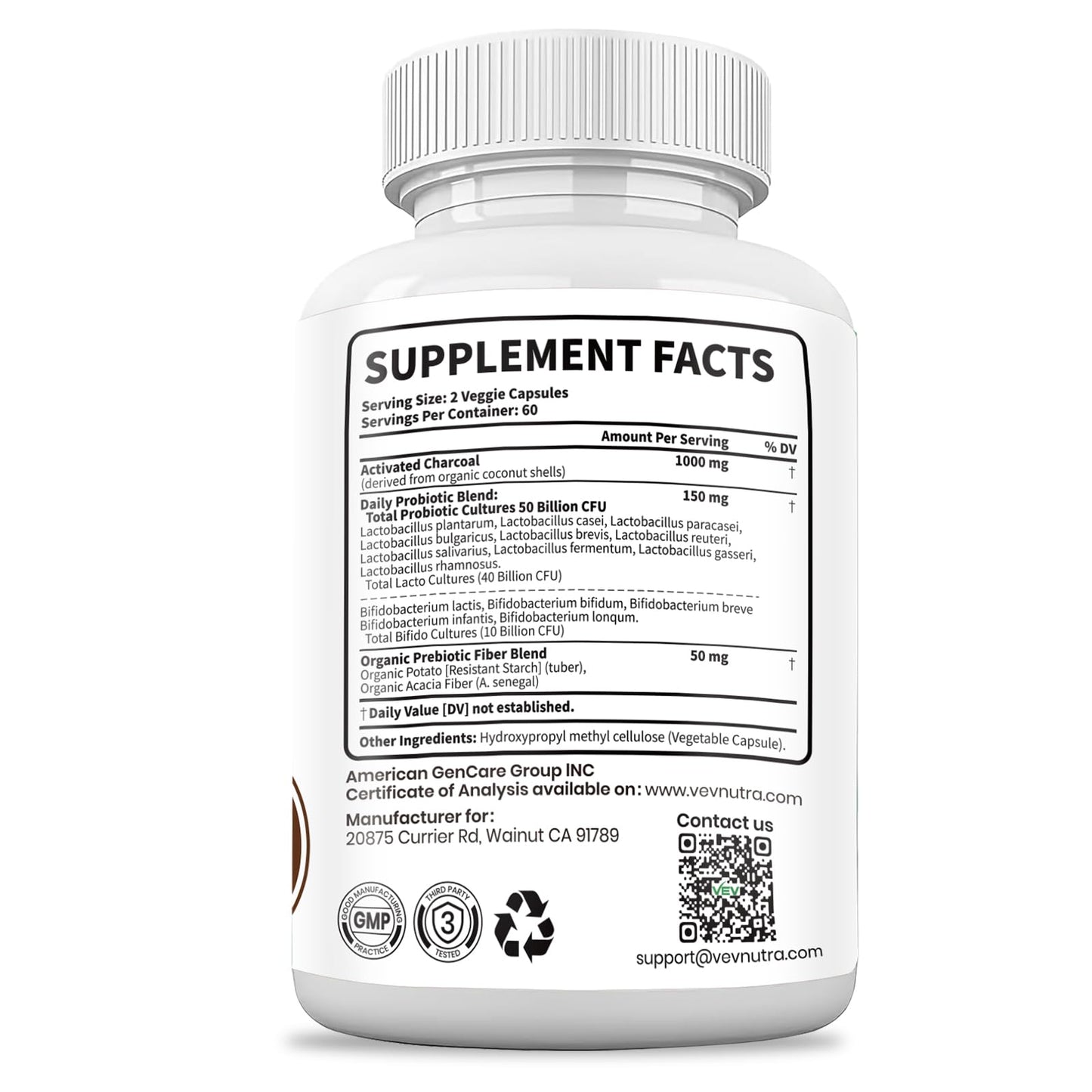 VEV Activated Charcoal with Organic Coconut Shell Charcoal & 50 Billion Probiotics – 120 Vegan Capsules for Digestive Wellness & Dietary Support