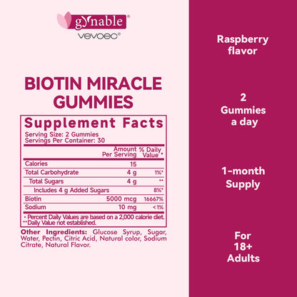 Vevoec Gynable Biotin Gummies 5000 mcg – Hair Skin Nails (60 Count)