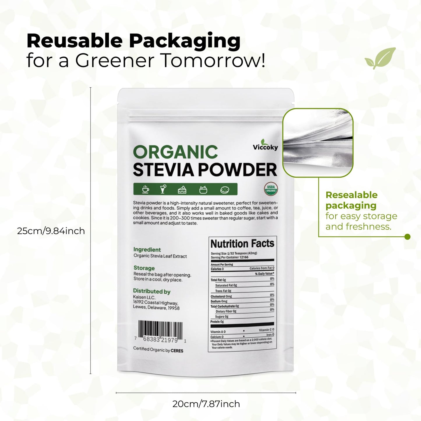 Viccoky Organic Stevia Powder – Pure, Zero-Calorie Sugar Substitute (18oz) | Keto & Vegan Friendly