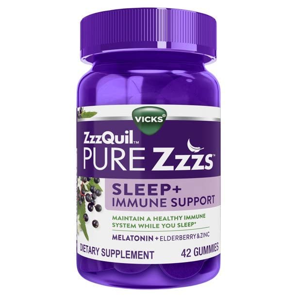 Vicks ZzzQuil PURE Zzzs Sleep + Immune Support Gummies – Melatonin, Elderberry & Zinc (42 ct)