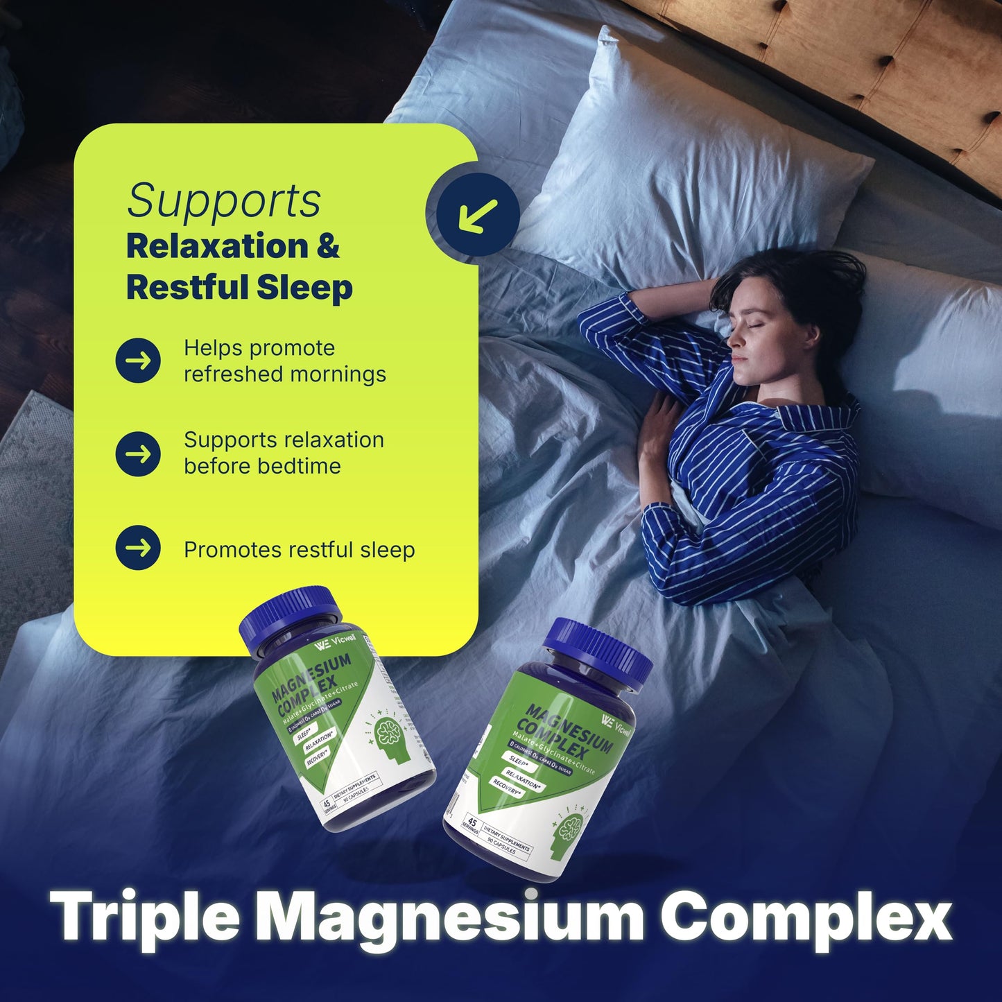 Vicwell Triple Magnesium Complex – 300mg Mg (Malate, Glycinate, Citrate) – 90 Capsules | Stress Relief & Sleep