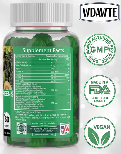 VIDAVITE Sugar-free Super Greens Gummies – US-Made Immunity, Skin & Gut Health (30-Day Supply)