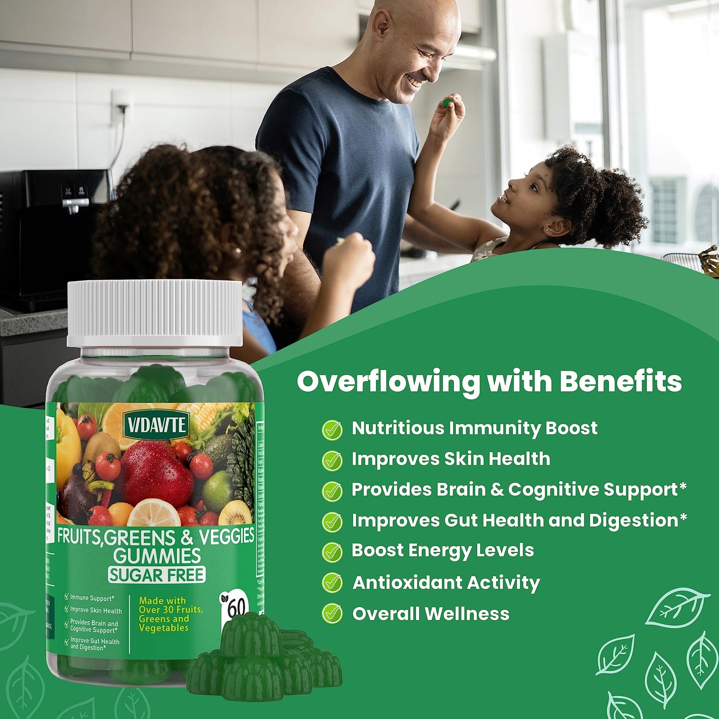 VIDAVITE Sugar-free Super Greens Gummies – US-Made Immunity, Skin & Gut Health (30-Day Supply)