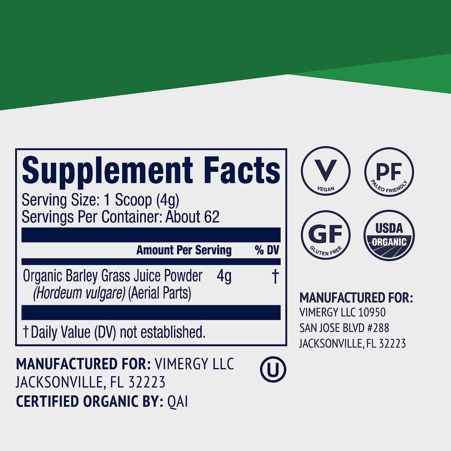 Vimergy Barley Grass Juice Powder – 0.8g per Serving, 312 Servings | Organic, Vegan, Gluten-Free, 250g Regular Size