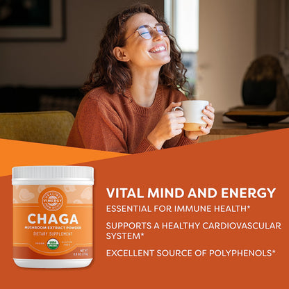 Vimergy USDA Organic Wild Chaga Mushroom Powder, 250g (166 Servings) — Cardiovascular Support, Kosher, Vegan, No Gluten