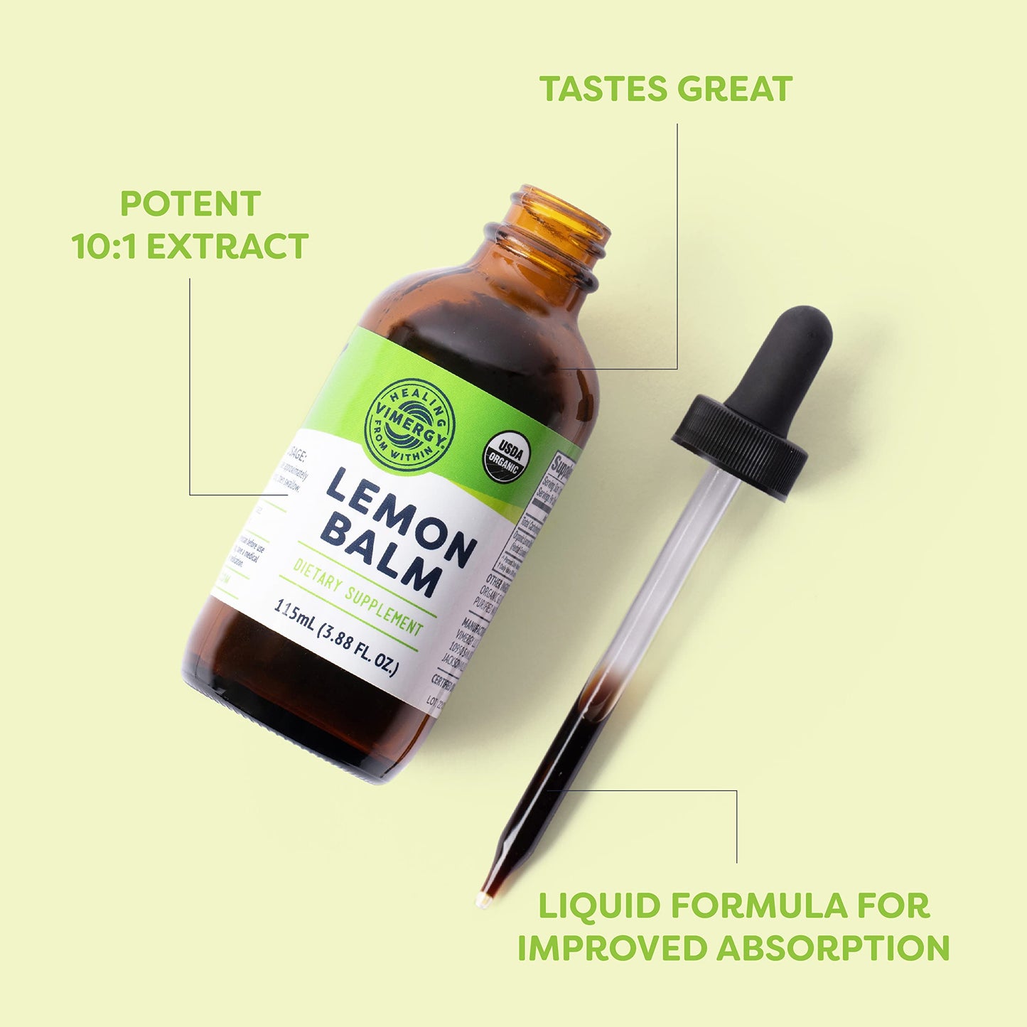 Vimergy Lemon Balm Tincture – USDA Organic, Alcohol-Free, 115 mL | Tea-Ready