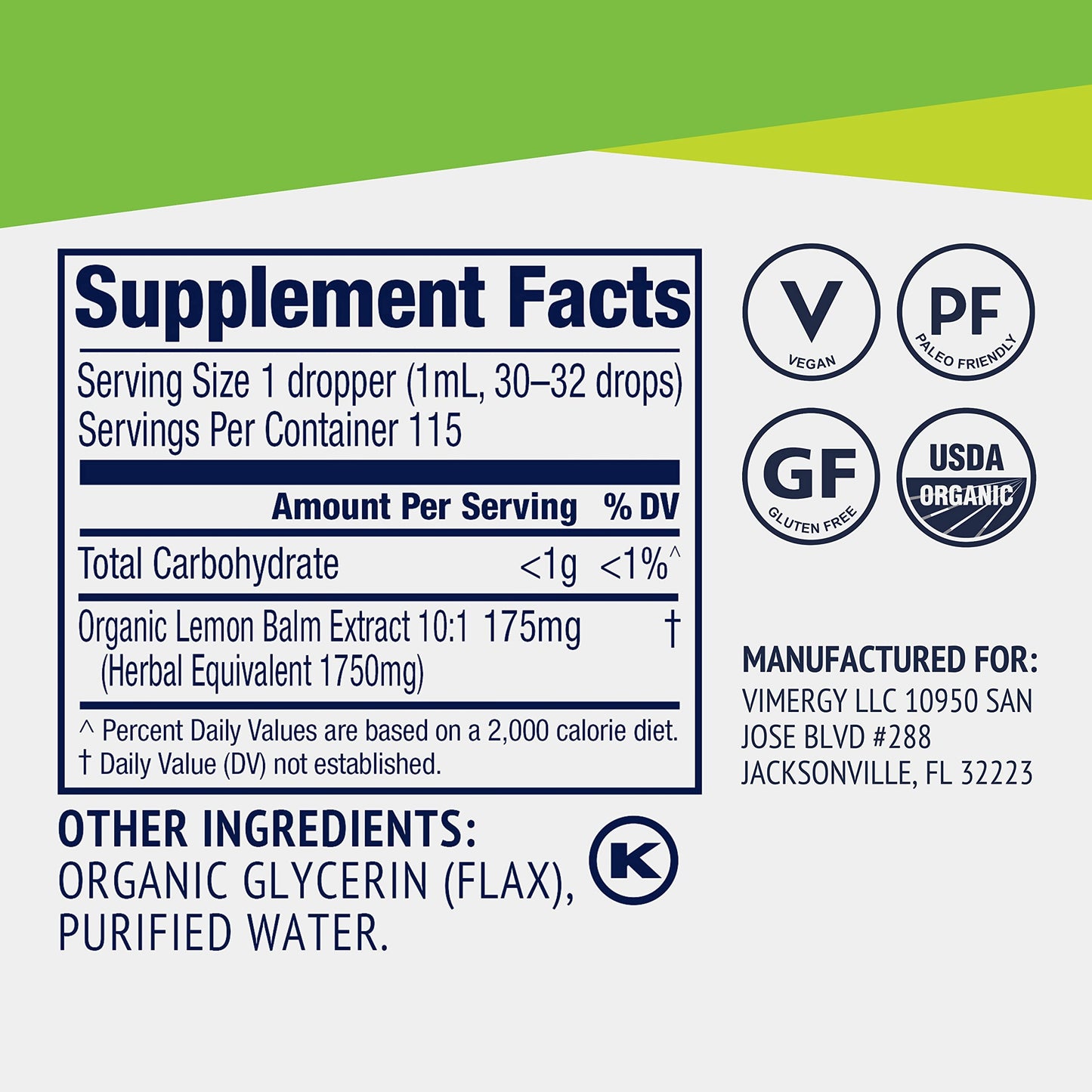Vimergy Lemon Balm Tincture – USDA Organic, Alcohol-Free, 115 mL | Tea-Ready