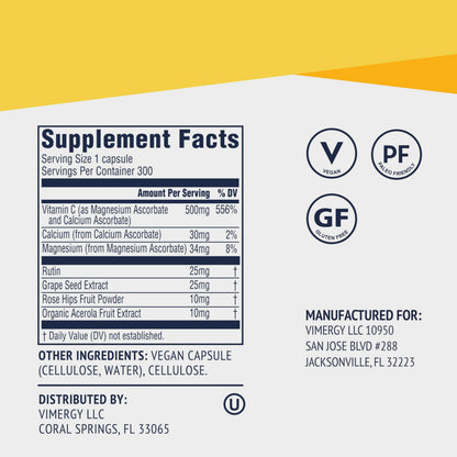 Vimergy Micro-C Vitamin C Capsules – 500mg, 300 Count, Vegan, Kosher, Gluten-Free