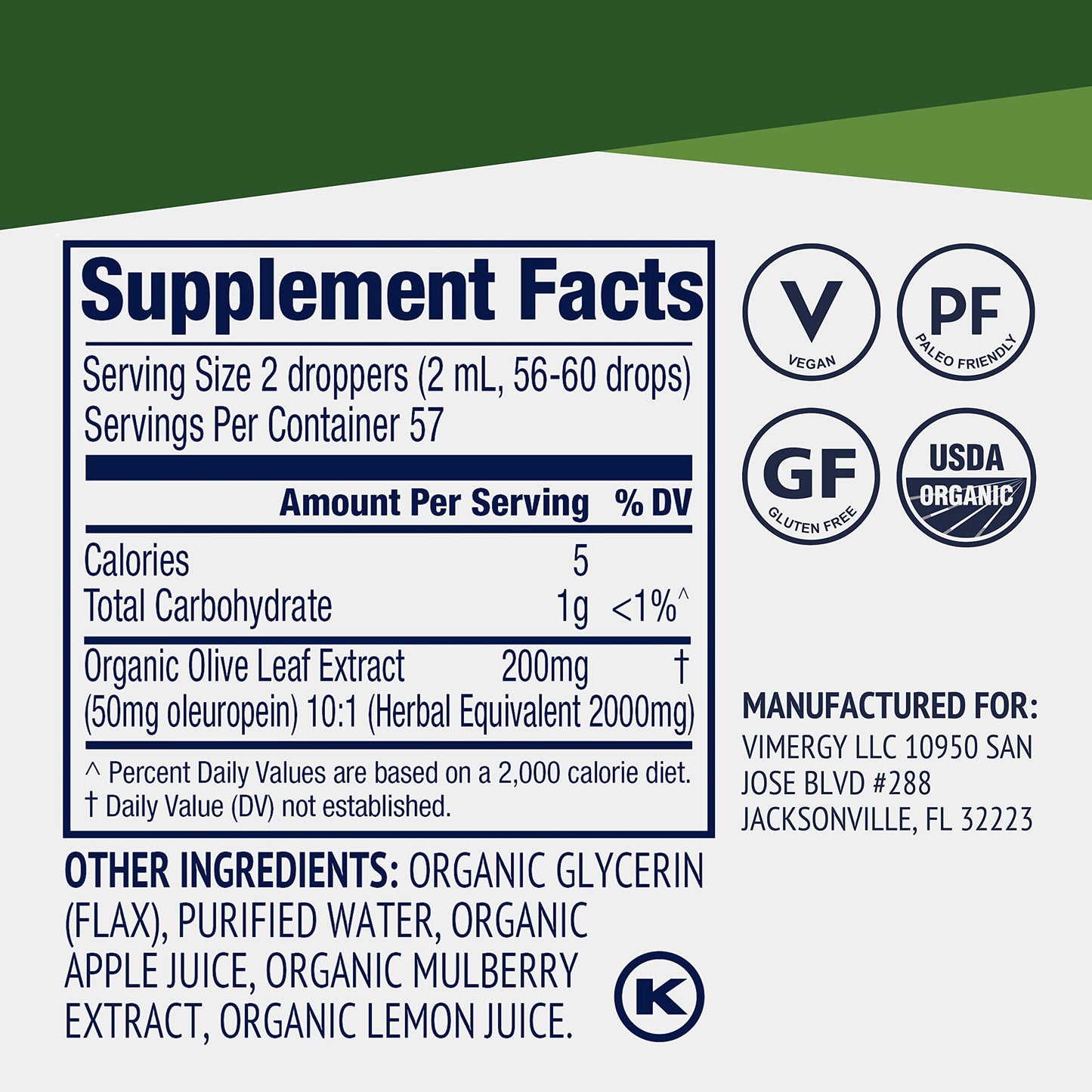 Vimergy Olive Leaf Liquid – Immune Health & Cardiovascular Support | USDA Organic, Vegan, Paleo, Gluten Free – 115 mL (57 Servings)