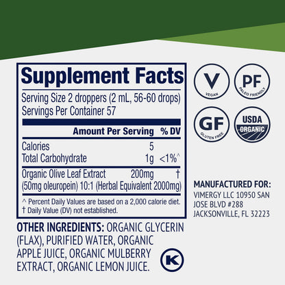 Vimergy Olive Leaf Liquid – Immune Health & Cardiovascular Support | USDA Organic, Vegan, Paleo, Gluten Free – 115 mL (57 Servings)