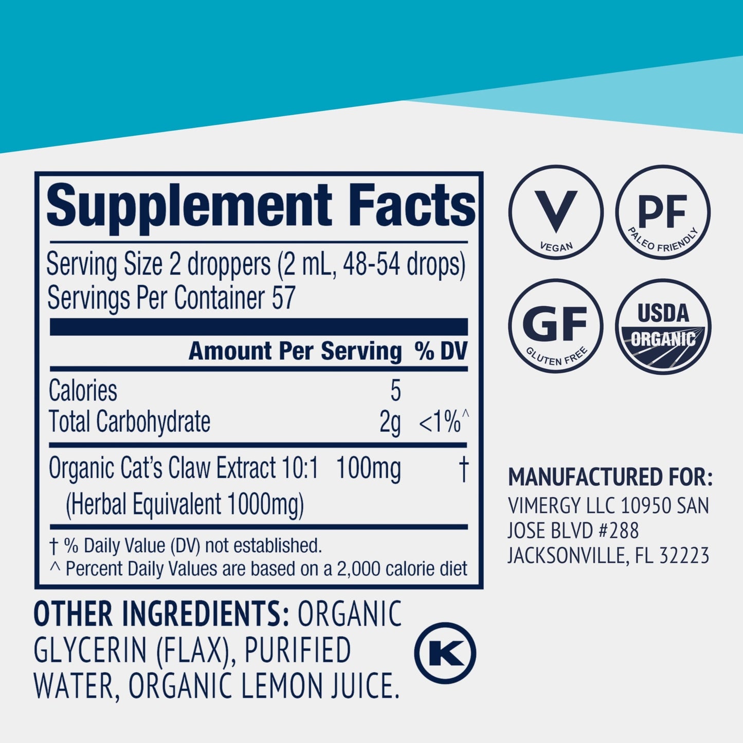 Vimergy USDA Organic Cat’s Claw Liquid – Immune Support & Antioxidants (115 mL, 57 Servings) – Vegan, Non-GMO