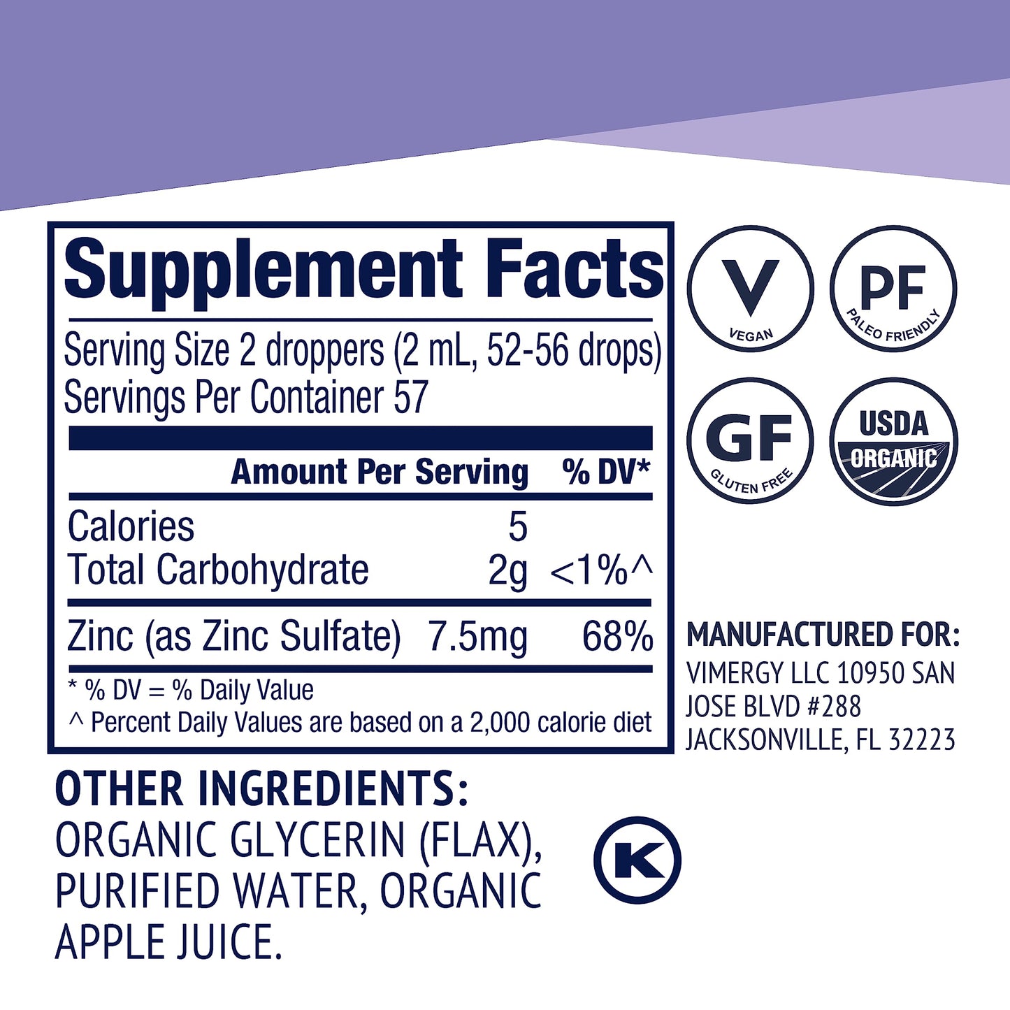 Vimergy Organic Zinc Drops – 7.5 mg Liquid Zinc for Immune Support