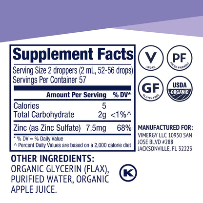 Vimergy Organic Zinc Drops – 7.5 mg Liquid Zinc for Immune Support