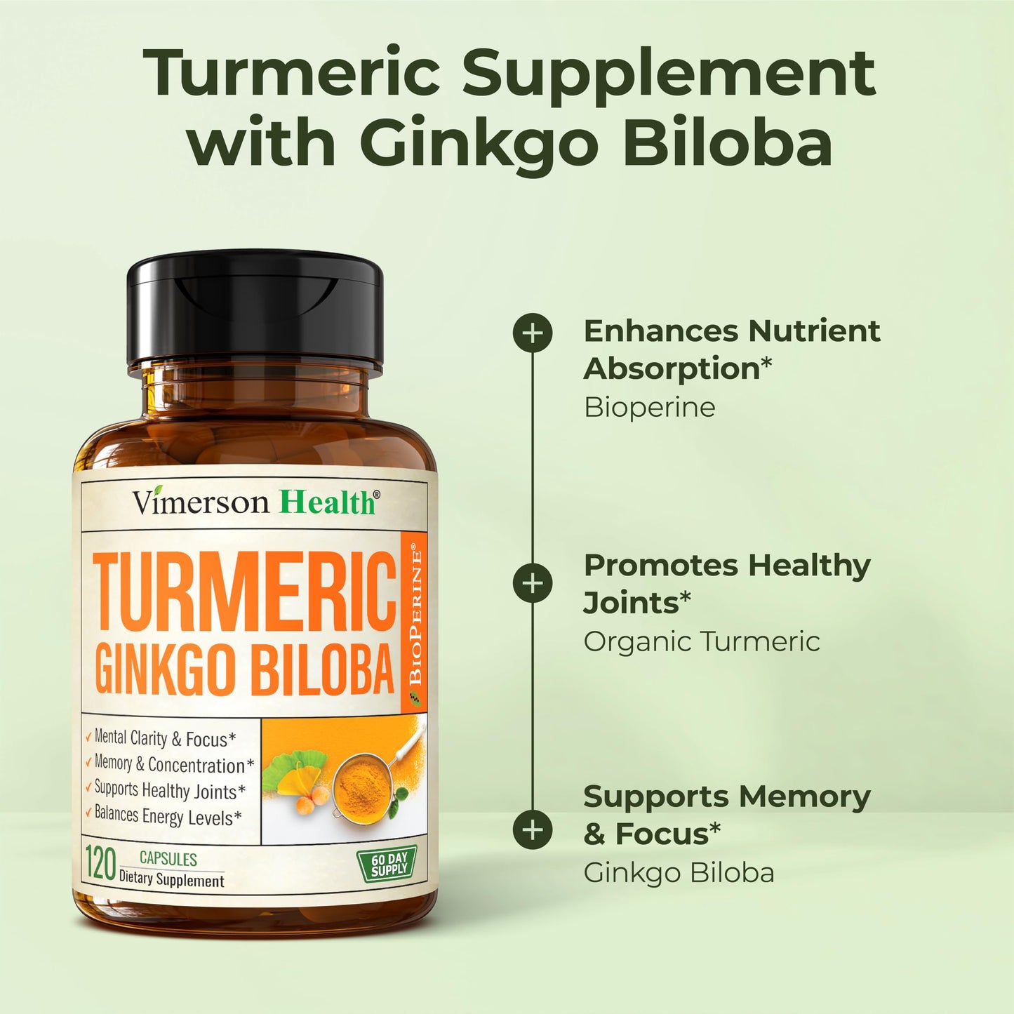 Ginkgo Biloba & Turmeric Curcumin Supplement with BioPerine – Vimerson Health | 120 Vegan Capsules