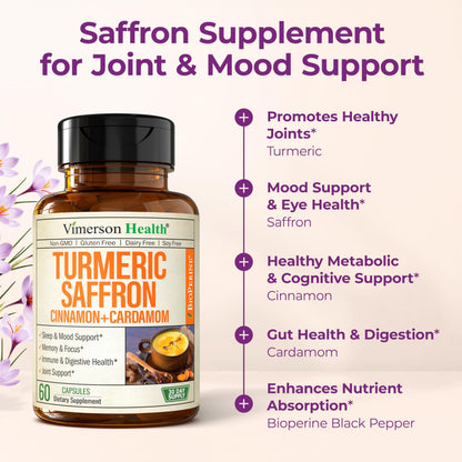 Vimerson Health Saffron Supplements (89 mg) – Turmeric Curcumin with Cinnamon, Cardamom, Eye Health & Mood – 2 Pack