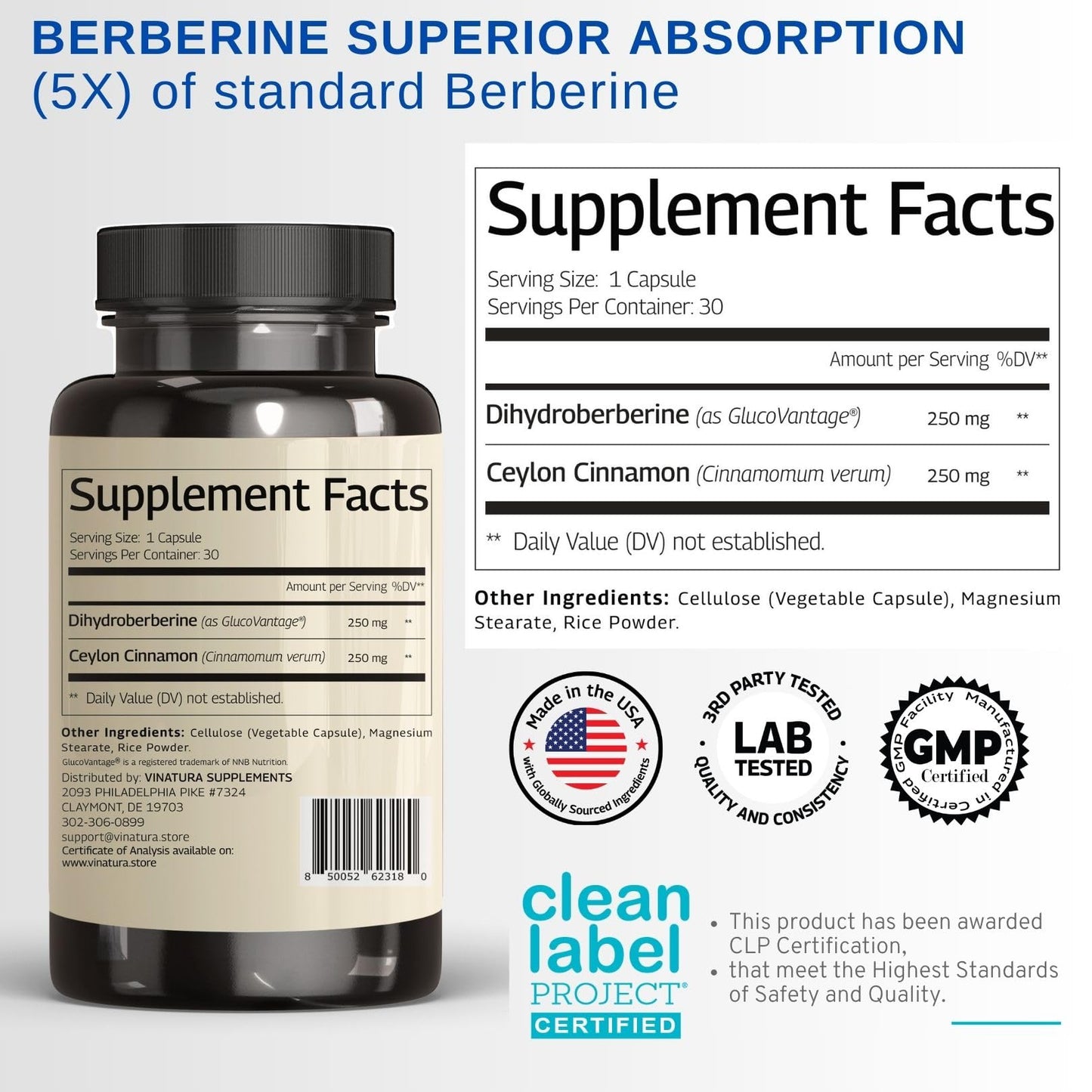 VINATURA Dihydroberberine with Ceylon Cinnamon 500mg | GlucoVantage Super Berberine, 30 Capsules